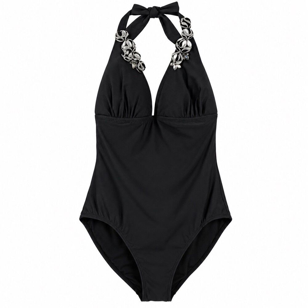 Gideon Oberson Womens 12 Black Halter One Piece Swimsuit Rosette Embellished